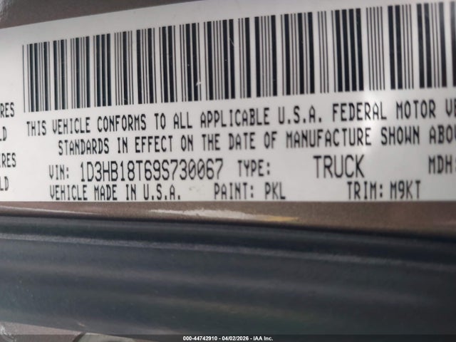 44742910 :رقم المزاد ، 1D3HB18T69S730067 vin ، 2009 Dodge Ram 1500 Slt/sport/trx مزاد بيع