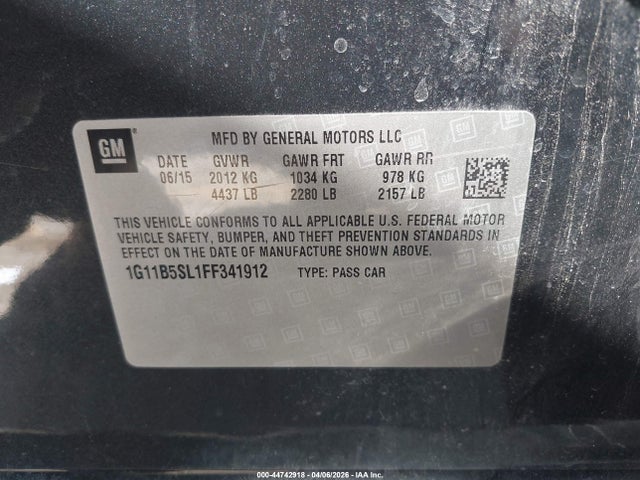 Aukcja sprzedaży 2015 Chevrolet Malibu Ls, vin: 1G11B5SL1FF341912, numer aukcji: 44742918