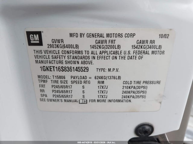 Продажа на аукционе авто 2003 Gmc Envoy Xl Slt, vin: 1GKET16S836145529, номер лота: 44742919