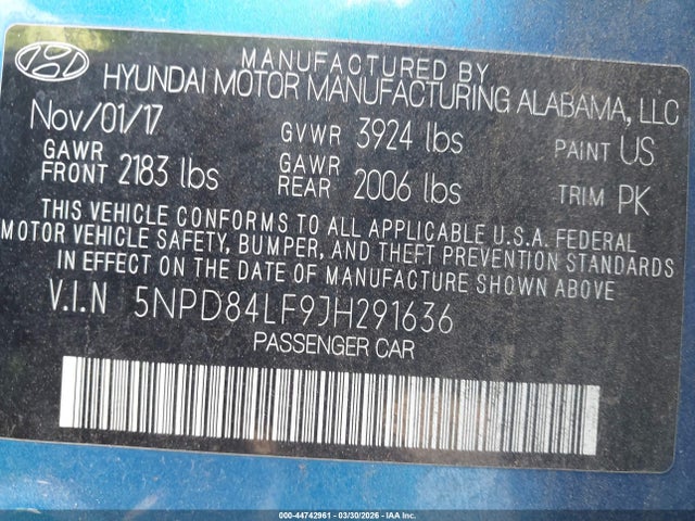 5NPD84LF9JH291636 Hyundai ELANTRA SEL