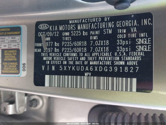 2013 Kia Sorento Ex მანქანა იყიდება აუქციონზე, vin: 5XYKUDA6XDG391827, აუქციონის ნომერი: 44742966