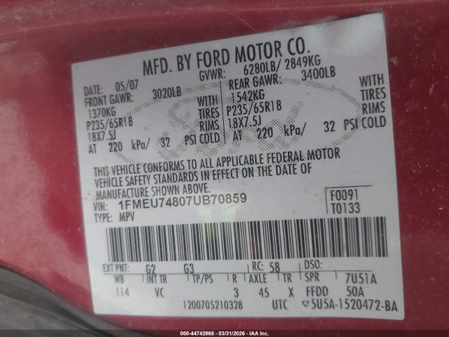 44742968 :رقم المزاد ، 1FMEU74807UB70859 vin ، 2007 Ford Explorer Eddie Bauer مزاد بيع