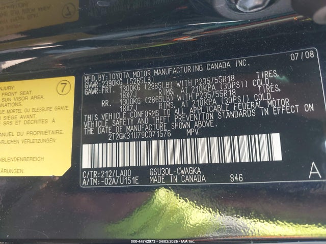 44742973 :رقم المزاد ، 2T2GK31U79C071576 vin ، 2009 Lexus Rx 350 مزاد بيع