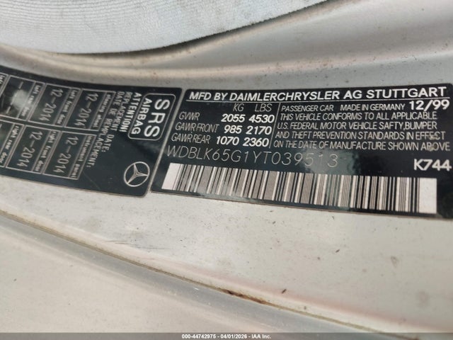 Aukcja sprzedaży 2000 Mercedes-benz Clk 320, vin: WDBLK65G1YT039513, numer aukcji: 44742975