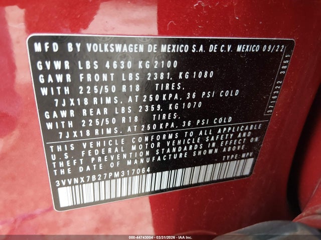 Продаж на аукціоні авто 2023 Volkswagen Taos 1.5t Se, vin: 3VVNX7B27PM317064, номер лоту: 44743004