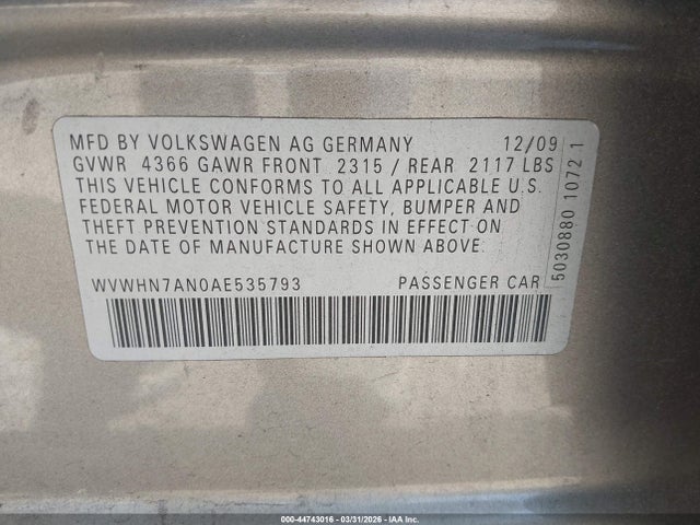 Продаж на аукціоні авто 2010 Volkswagen Cc Luxury, vin: WVWHN7AN0AE535793, номер лоту: 44743016
