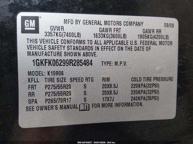 44743027 :رقم المزاد ، 1GKFK06299R285484 vin ، 2009 Gmc Yukon Xl 1500 Denali مزاد بيع