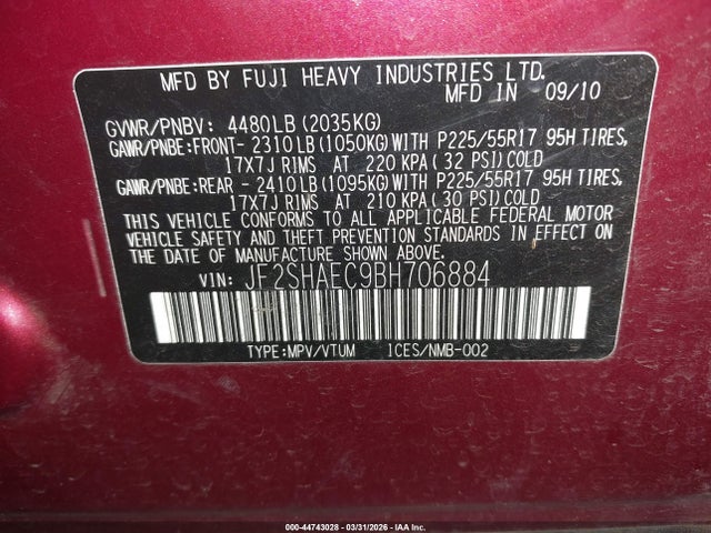 Aukcja sprzedaży 2011 Subaru Forester 2.5x Limited, vin: JF2SHAEC9BH706884, numer aukcji: 44743028