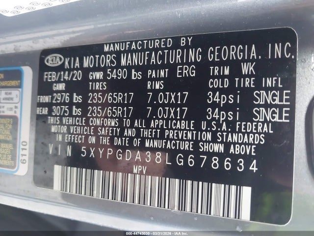 Aukcja sprzedaży 2020 Kia Sorento 2.4l Lx, vin: 5XYPGDA38LG678634, numer aukcji: 44743030