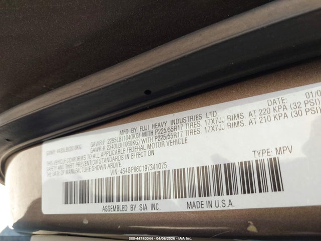 44743044 :رقم المزاد ، 4S4BP66C197341075 vin ، 2009 Subaru Outback 2.5i Limited مزاد بيع