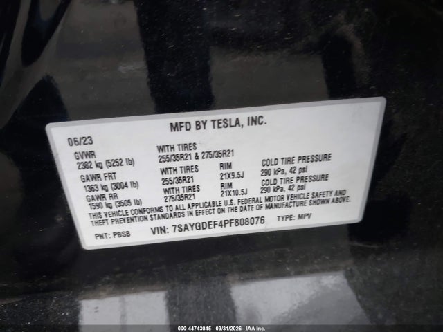 2023 Tesla Model Y Performance Dual Motor All-wheel Drive მანქანა იყიდება აუქციონზე, vin: 7SAYGDEF4PF808076, აუქციონის ნომერი: 44743045