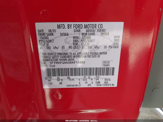 44743060 :رقم المزاد ، 1FTRW12W35KF15583 vin ، 2005 Ford F-150 Xlt مزاد بيع