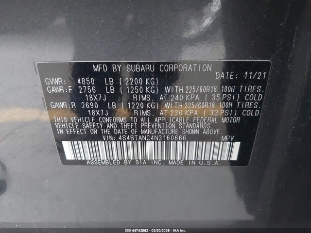 44743062 :رقم المزاد ، 4S4BTANC4N3160666 vin ، 2022 Subaru Outback Limited مزاد بيع