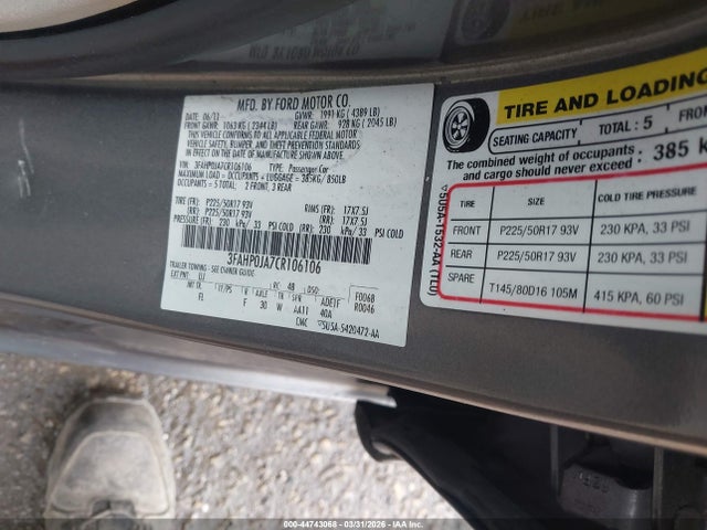 Продаж на аукціоні авто 2012 Ford Fusion Sel, vin: 3FAHP0JA7CR106106, номер лоту: 44743068