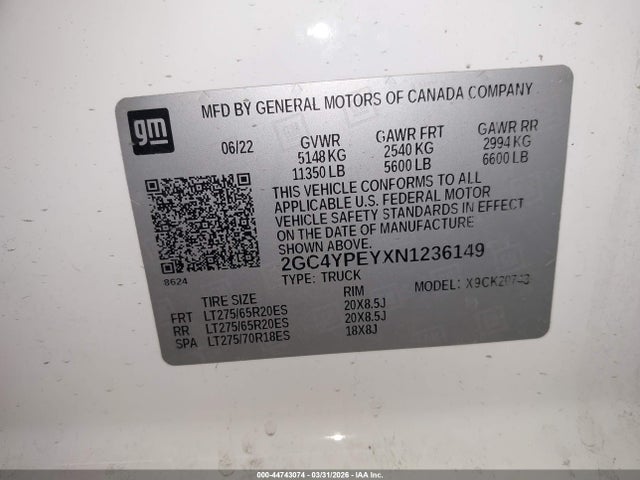 Продажа на аукционе авто 2022 Chevrolet Silverado 2500hd 4wd  Standard Bed Ltz, vin: 2GC4YPEYXN1236149, номер лота: 44743074