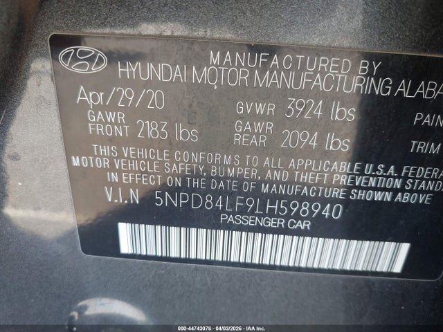 Aukcja sprzedaży 2020 Hyundai Elantra Sel, vin: 5NPD84LF9LH598940, numer aukcji: 44743078