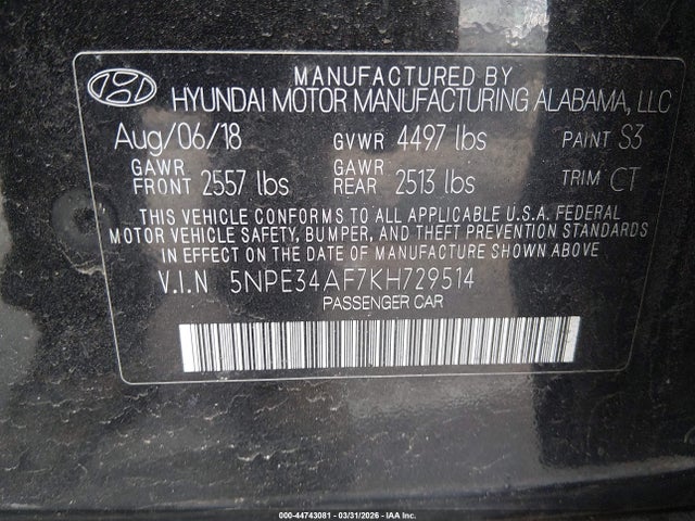 44743081 :رقم المزاد ، 5NPE34AF7KH729514 vin ، 2019 Hyundai Sonata Sport مزاد بيع