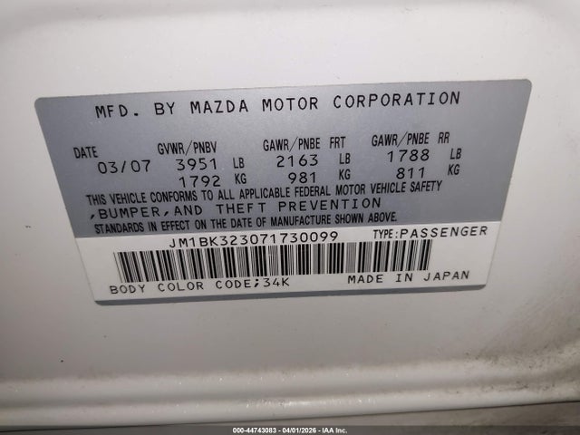 Продаж на аукціоні авто 2007 Mazda Mazda3 S Sport, vin: JM1BK323071730099, номер лоту: 44743083
