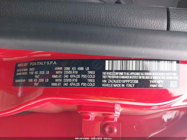 Продаж на аукціоні авто 2023 Jeep Renegade Limited 4x4, vin: ZACNJDD15PPP37208, номер лоту: 44743093
