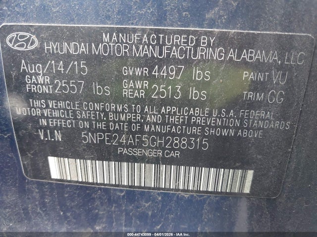 Aukcja sprzedaży 2016 Hyundai Sonata Se, vin: 5NPE24AF5GH288315, numer aukcji: 44743099
