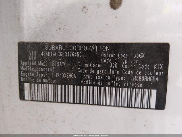 Aukcja sprzedaży 2020 Subaru Outback Premium, vin: 4S4BTACC6L3176450, numer aukcji: 44743101