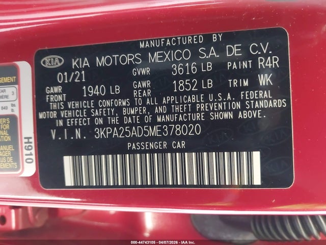 3KPA25AD5ME378020 KIA Rio 5-door S