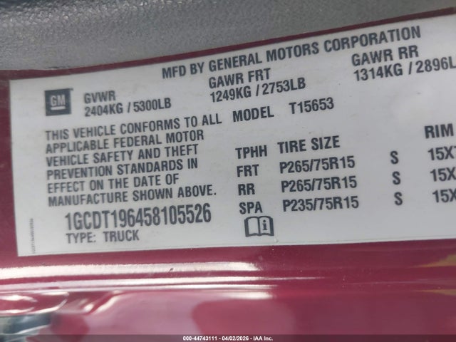 2005 Chevrolet Colorado Ls მანქანა იყიდება აუქციონზე, vin: 1GCDT196458105526, აუქციონის ნომერი: 44743111