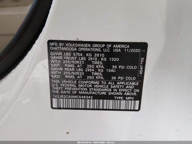 Продаж на аукціоні авто 2021 Volkswagen Atlas 3.6l V6 Se W/technology, vin: 1V2JR2CA9MC546342, номер лоту: 44743115