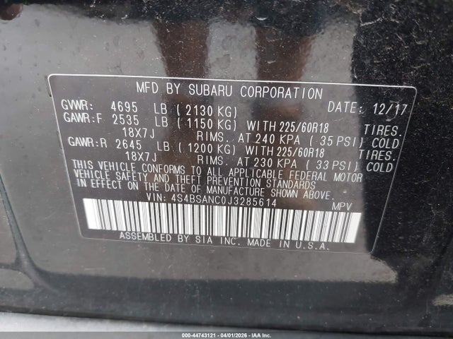 2018 Subaru Outback 2.5i Limited მანქანა იყიდება აუქციონზე, vin: 4S4BSANC0J3285614, აუქციონის ნომერი: 44743121