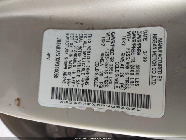 44743127 :رقم المزاد ، JN8AR07S0XW364058 vin ، 1999 Nissan Pathfinder Le/se/xe مزاد بيع