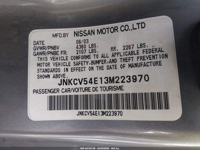 Aukcja sprzedaży 2003 Infiniti G35 Base W/leather, vin: JNKCV54E13M223970, numer aukcji: 44743136