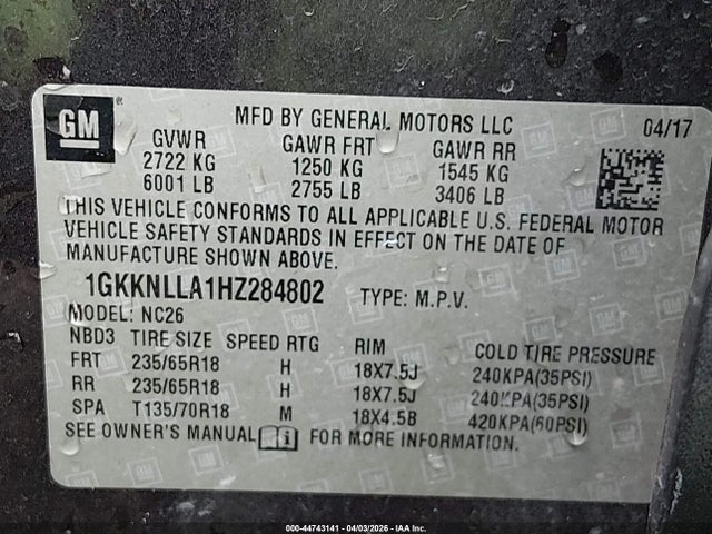Продаж на аукціоні авто 2017 Gmc Acadia Sle-2, vin: 1GKKNLLA1HZ284802, номер лоту: 44743141