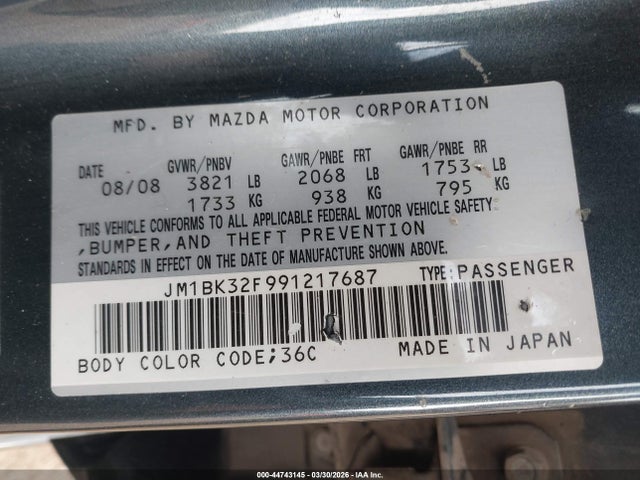 44743145 :رقم المزاد ، JM1BK32F991217687 vin ، 2009 Mazda Mazda3 I مزاد بيع