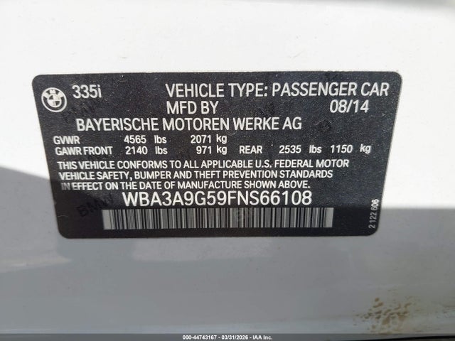 Продаж на аукціоні авто 2015 Bmw 335i, vin: WBA3A9G59FNS66108, номер лоту: 44743167