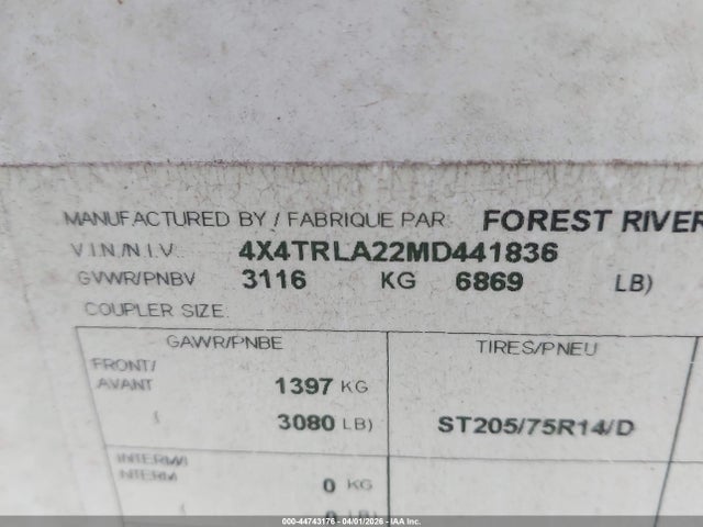 Продаж на аукціоні авто 2021 Rockwood Mini Lite, vin: 4X4TRLA22MD441836, номер лоту: 44743176