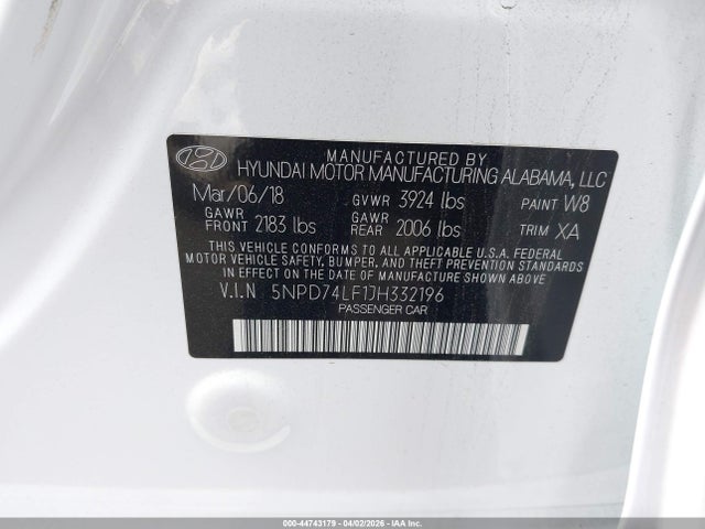 5NPD74LF1JH332196 Hyundai ELANTRA SE