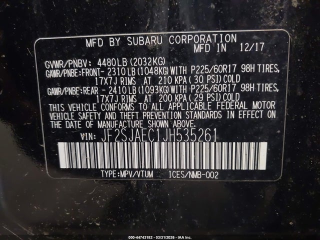 Aukcja sprzedaży 2018 Subaru Forester 2.5i Premium, vin: JF2SJAEC1JH535261, numer aukcji: 44743182