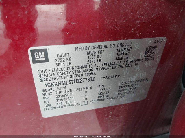 44743192 :رقم المزاد ، 1GKKNMLS7HZ277352 vin ، 2017 Gmc Acadia Slt-1 مزاد بيع