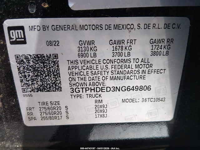 44743197 :رقم المزاد ، 3GTPHDED3NG649806 vin ، 2022 Gmc Sierra 1500 مزاد بيع