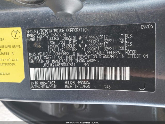 Aukcja sprzedaży 2007 Toyota Highlander Hybrid V6, vin: JTEHW21A870037811, numer aukcji: 44743198
