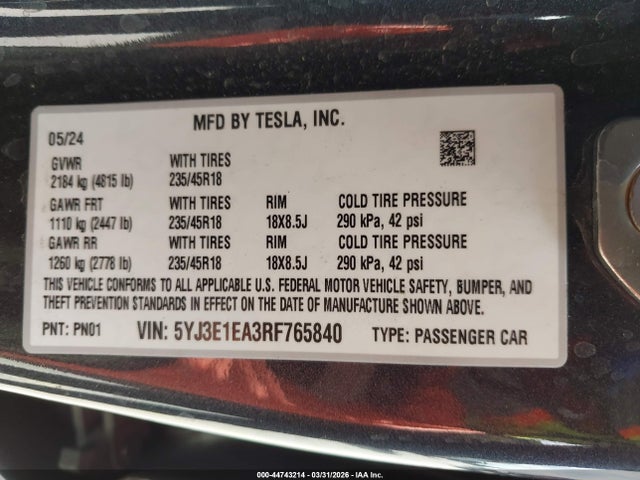 Aukcja sprzedaży 2024 Tesla Model 3 Long Range Dual Motor All-wheel Drive/rear-wheel Drive, vin: 5YJ3E1EA3RF765840, numer aukcji: 44743214