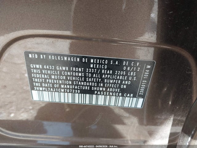 2012 Volkswagen Jetta Sportwagen 2.0l Tdi მანქანა იყიდება აუქციონზე, vin: 3VWPL7AJ1CM707239, აუქციონის ნომერი: 44743222