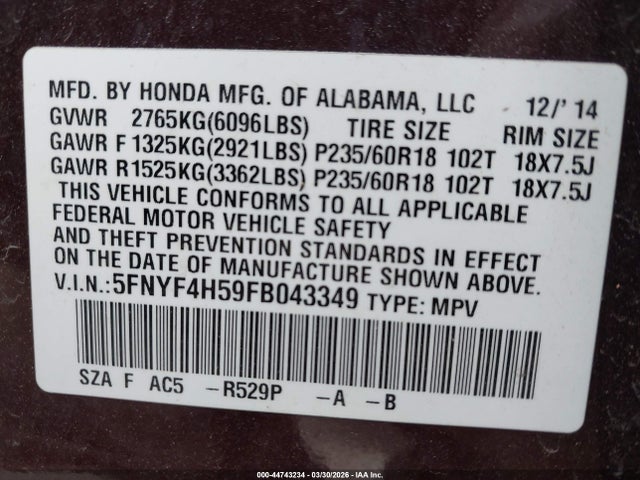 Продажа на аукционе авто 2015 Honda Pilot Ex-l, vin: 5FNYF4H59FB043349, номер лота: 44743234
