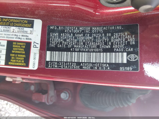 Aukcja sprzedaży 2015 Toyota Camry Se, vin: 4T1BF1FKXFU910015, numer aukcji: 44743235
