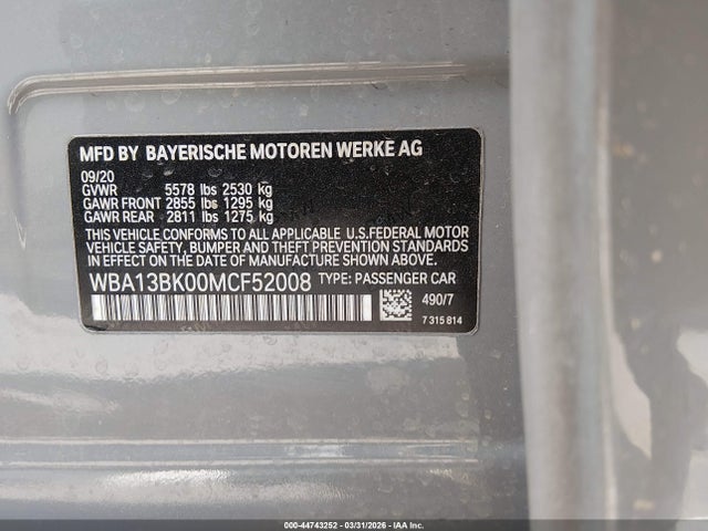Aukcja sprzedaży 2021 Bmw M550i Xdrive, vin: WBA13BK00MCF52008, numer aukcji: 44743252