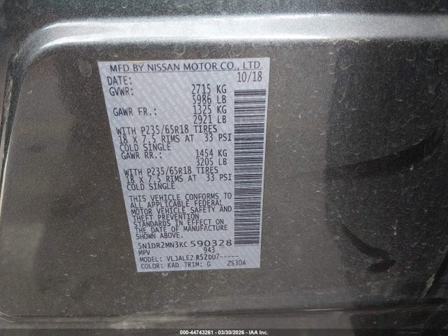Aukcja sprzedaży 2019 Nissan Pathfinder Sv, vin: 5N1DR2MN3KC590328, numer aukcji: 44743261