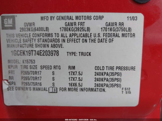 2004 Chevrolet Silverado 1500 Z71 მანქანა იყიდება აუქციონზე, vin: 1GCEK19T74E203978, აუქციონის ნომერი: 44743262