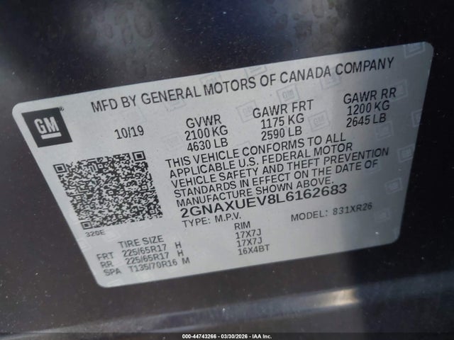 Aukcja sprzedaży 2020 Chevrolet Equinox Awd Lt 1.5l Turbo, vin: 2GNAXUEV8L6162683, numer aukcji: 44743266