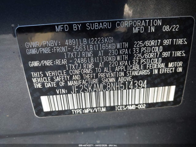 Продажа на аукционе авто 2022 Subaru Forester Wilderness, vin: JF2SKAMC8NH514394, номер лота: 44743271