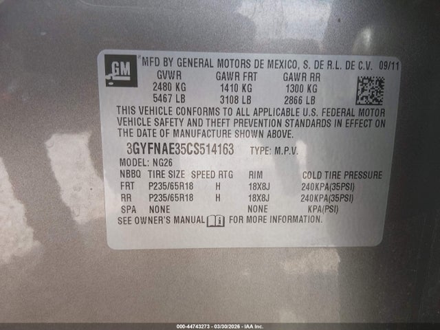 Продаж на аукціоні авто 2012 Cadillac Srx Luxury Collection, vin: 3GYFNAE35CS514163, номер лоту: 44743273